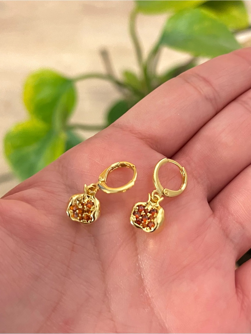 18K Gold Plated Drop Huggie Hoops Earrings with Pomegranate Charms